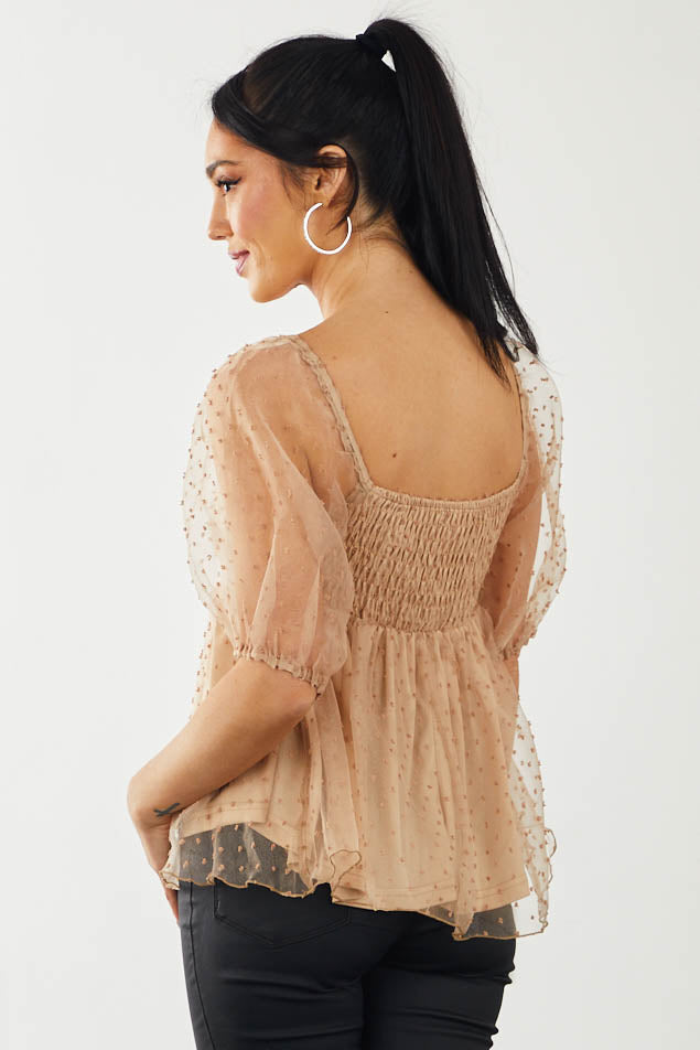 Camel Swiss Dot Puff Sleeve Sweetheart Blouse