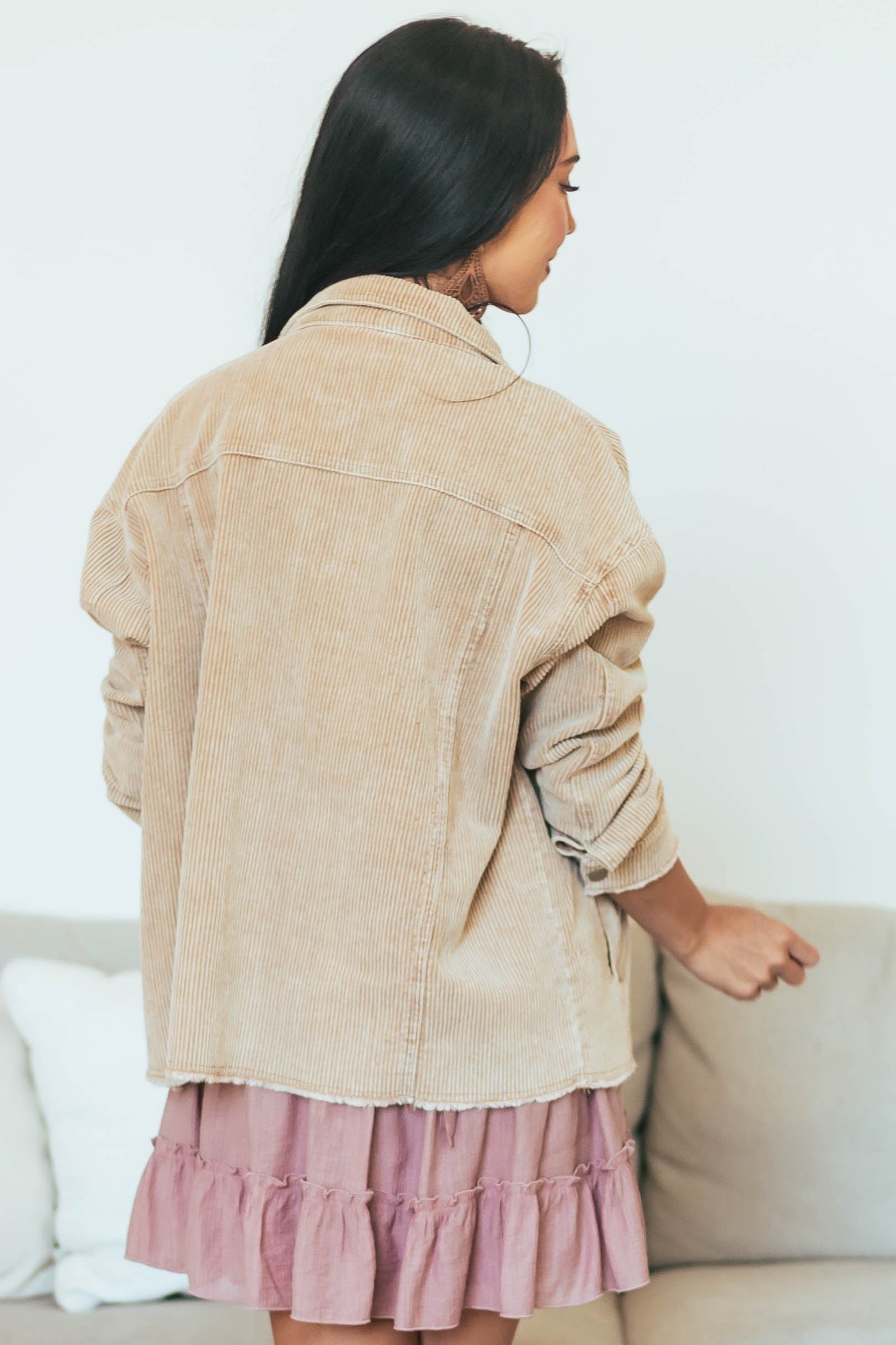 Camel Washed Corduroy Frayed Edge Shacket