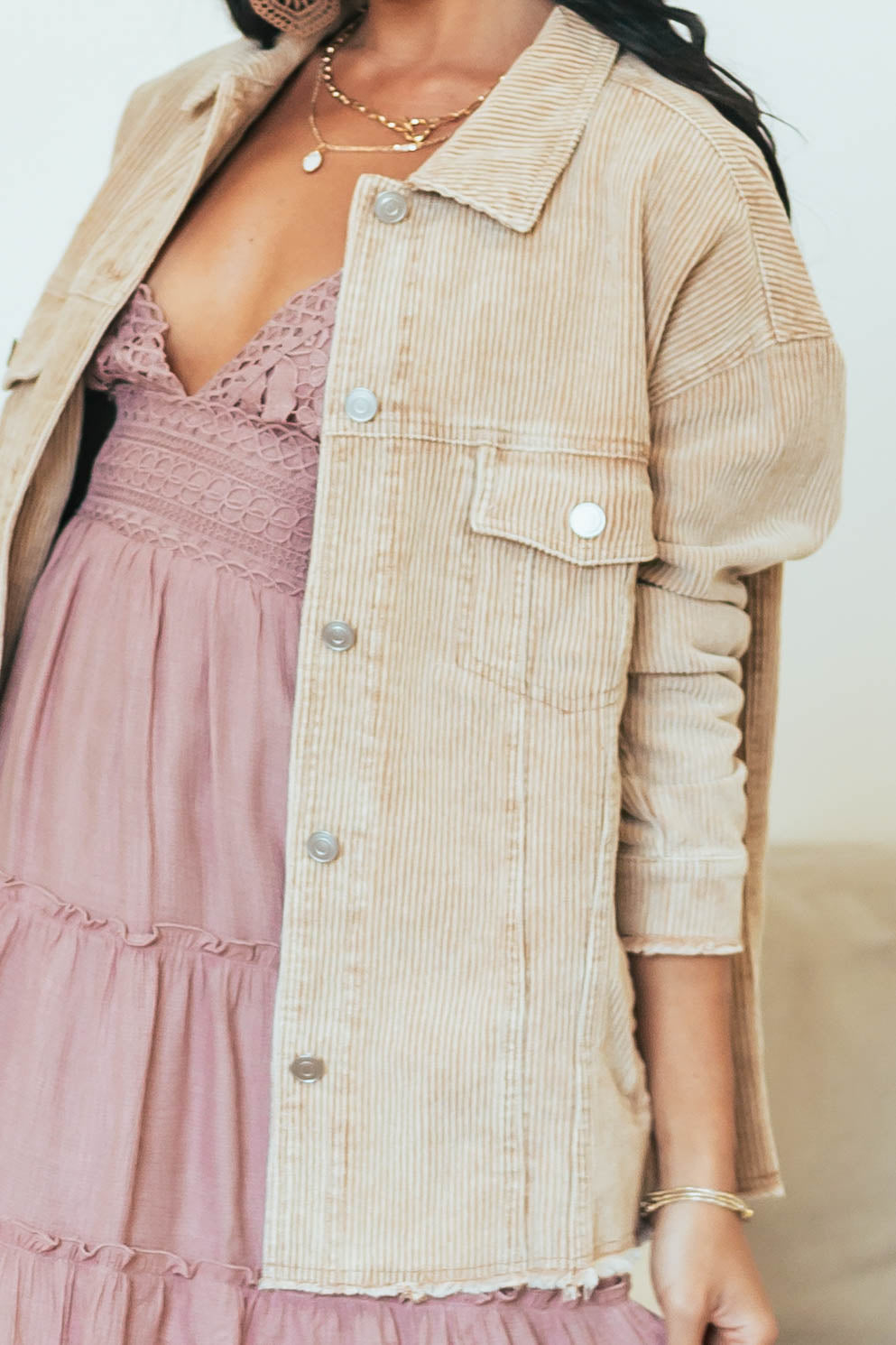 Camel Washed Corduroy Frayed Edge Shacket