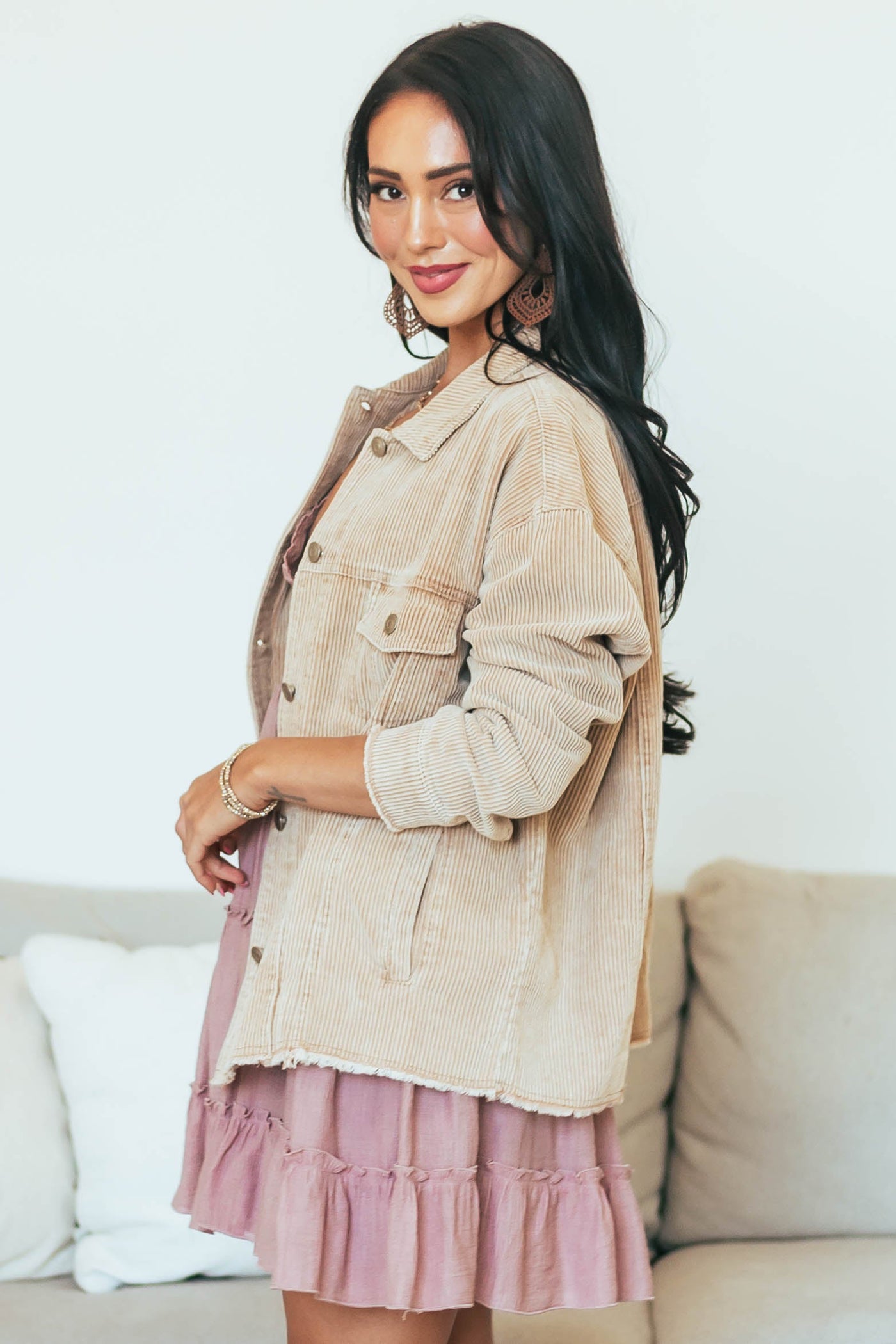 Camel Washed Corduroy Frayed Edge Shacket