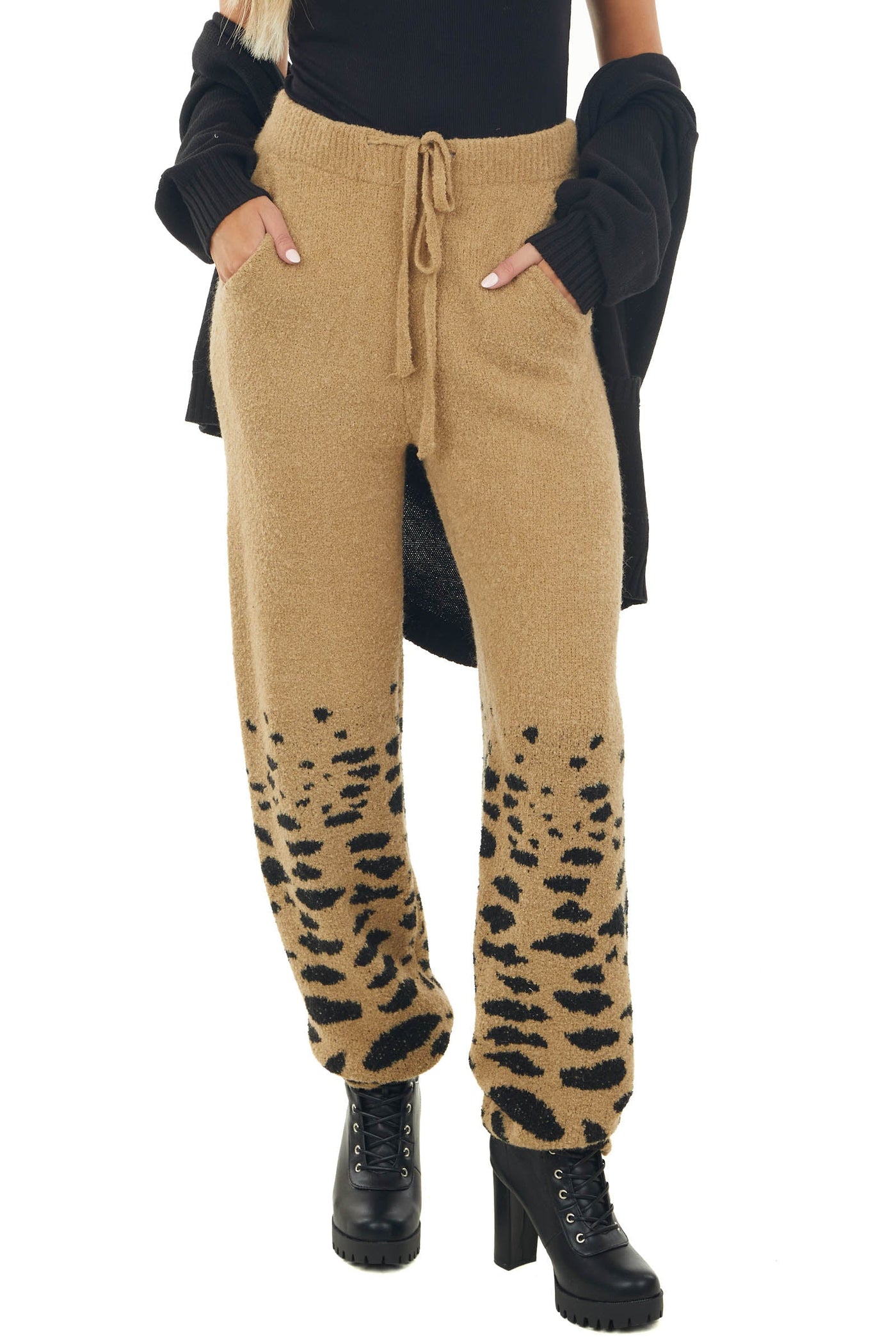 Camel and Black Leopard Fuzzy Knit Sweatpants