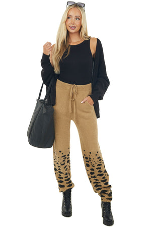 Camel and Black Leopard Fuzzy Knit Sweatpants