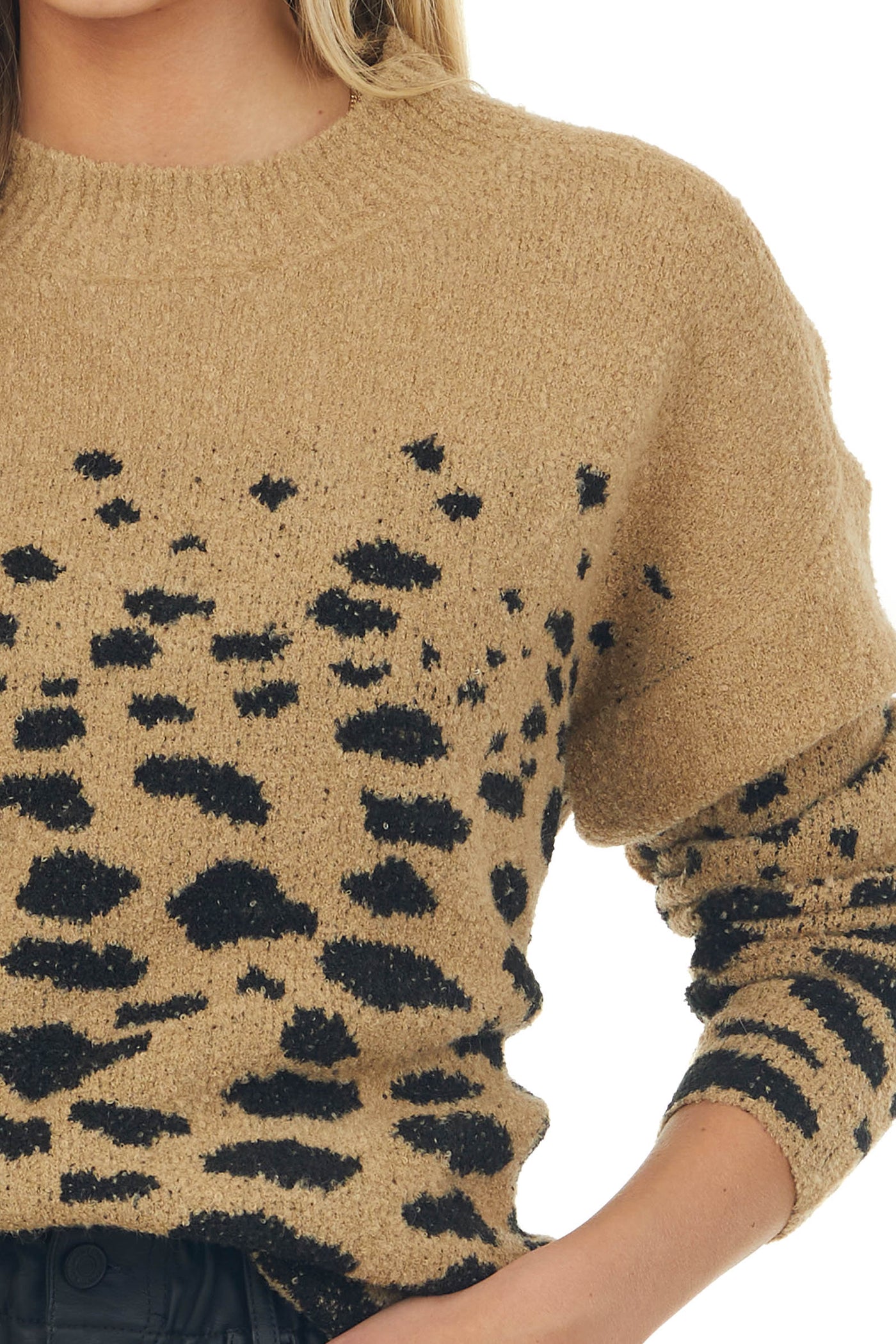 Camel and Black Leopard Fuzzy Sweater