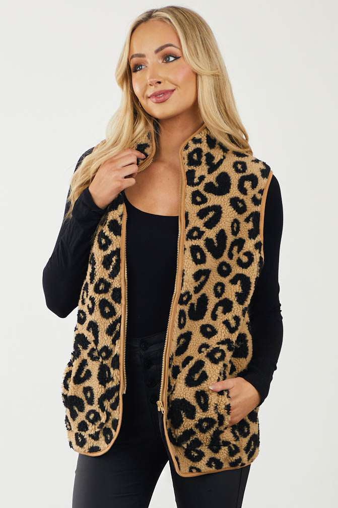 Camel and Black Leopard Print Sherpa Vest
