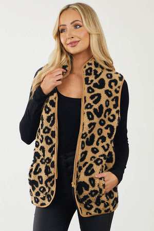 Camel and Black Leopard Print Sherpa Vest