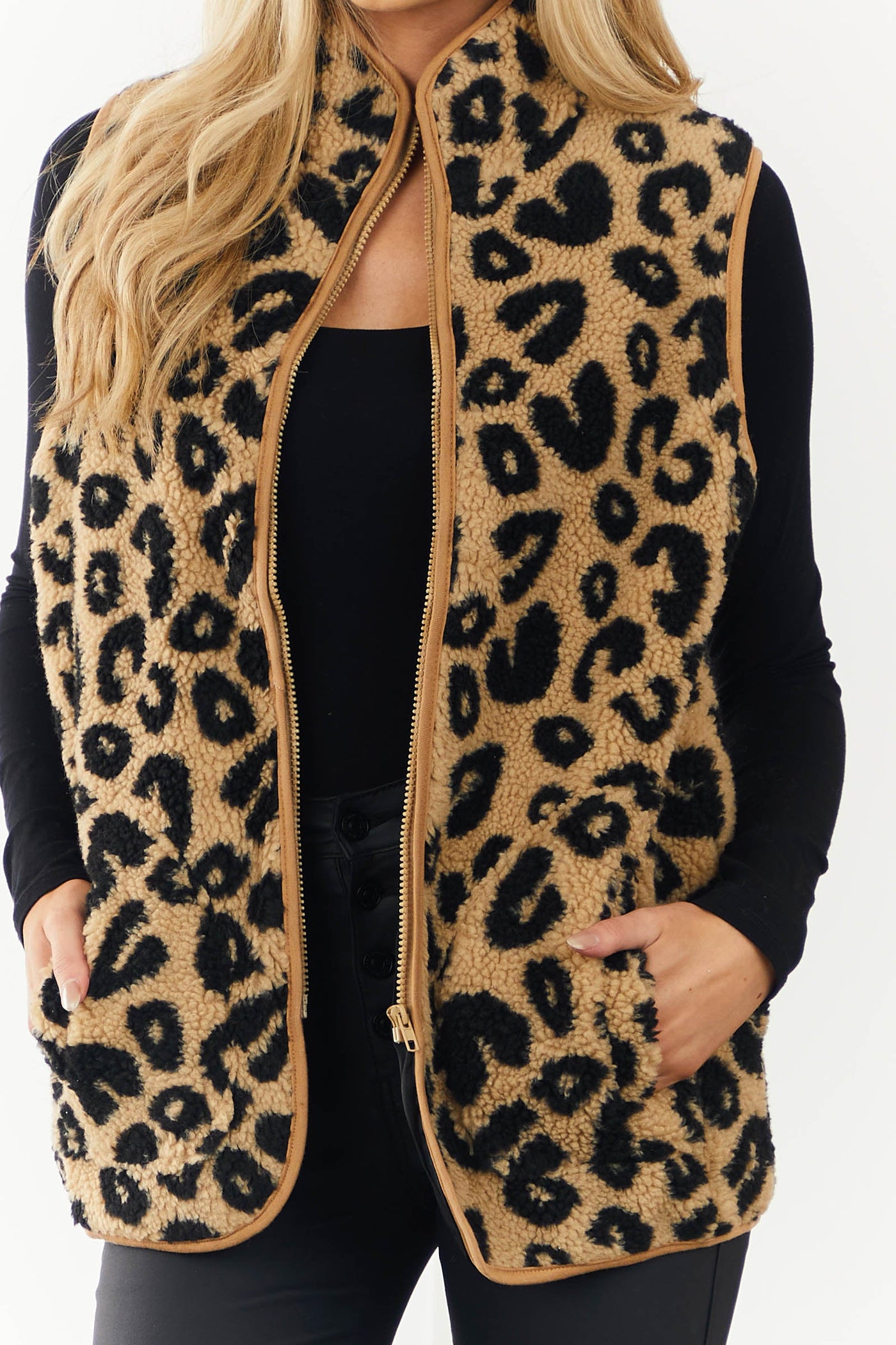 Camel and Black Leopard Print Sherpa Vest