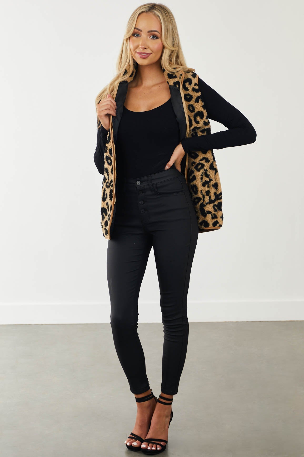 Camel and Black Leopard Print Sherpa Vest