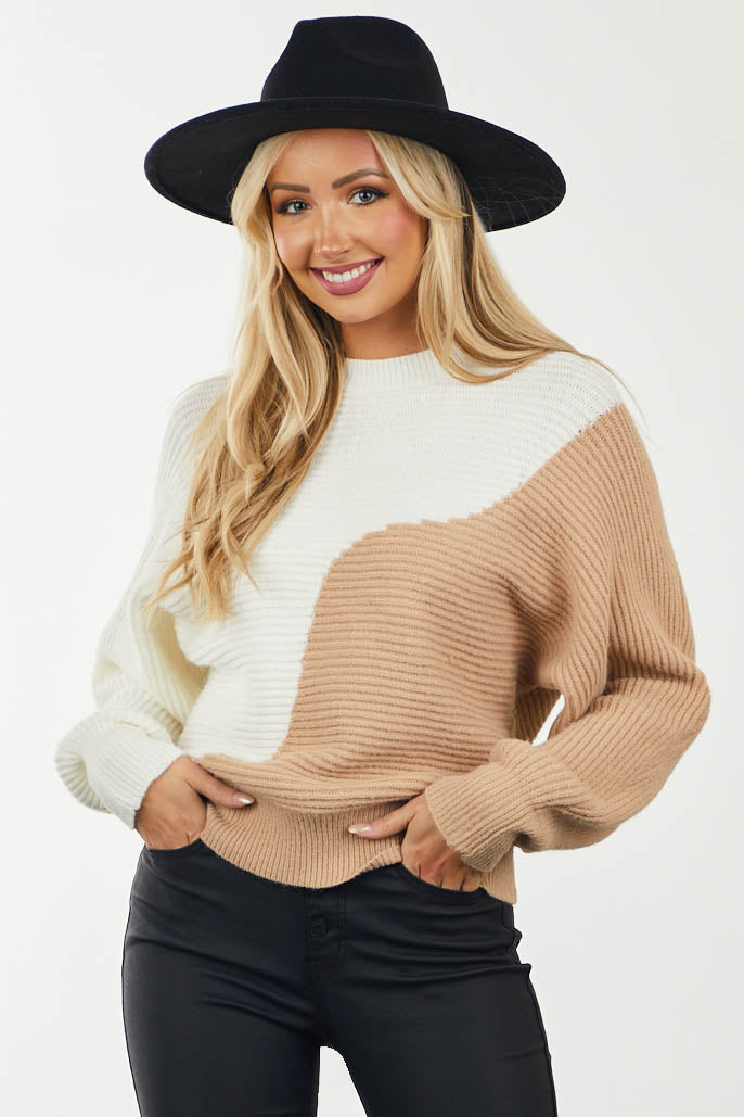 Camel and Ivory Colorblock Ribbed Knit Sweater