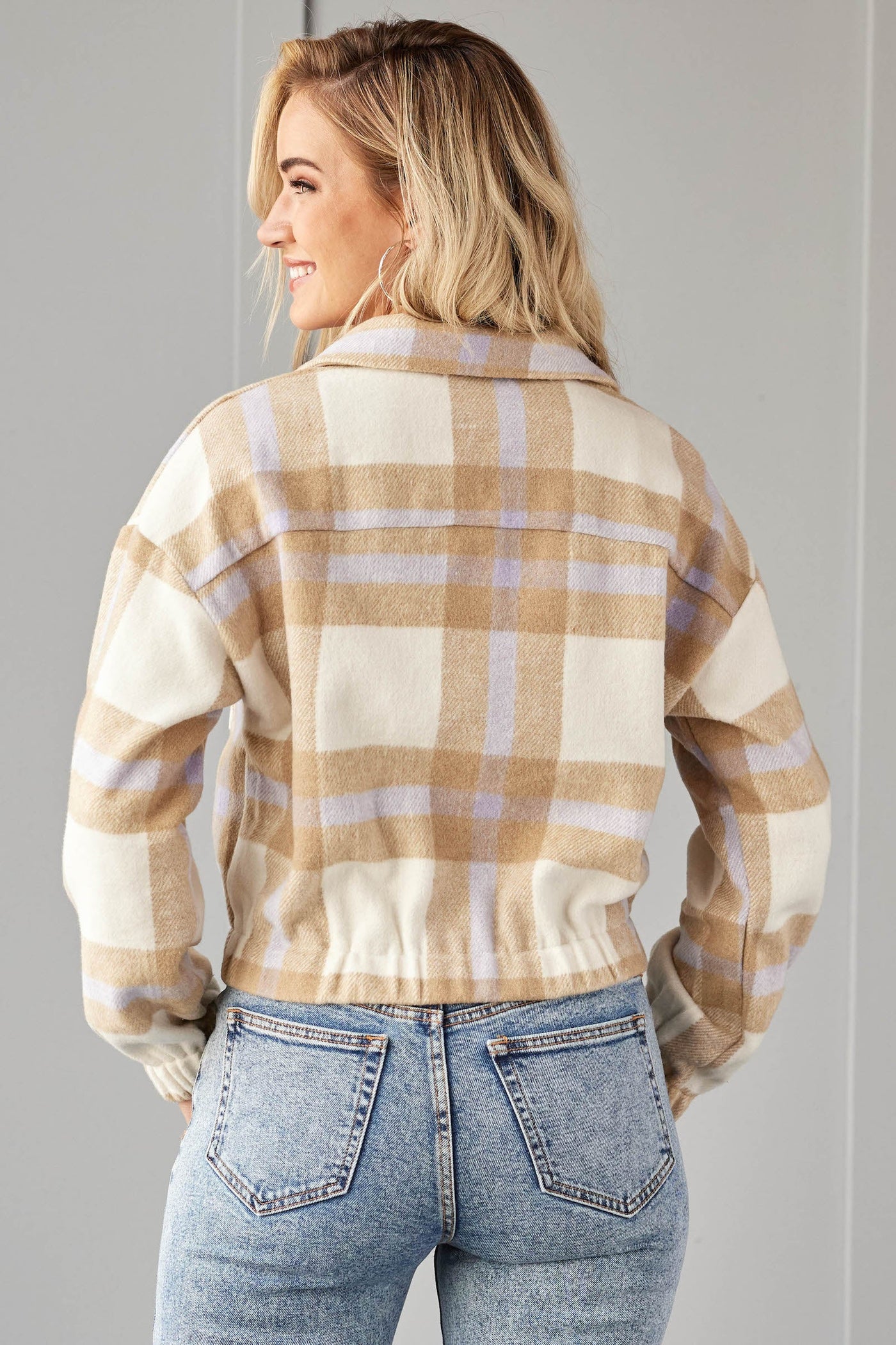 Camel and Lavender Plaid Cropped Zip Up Jacket