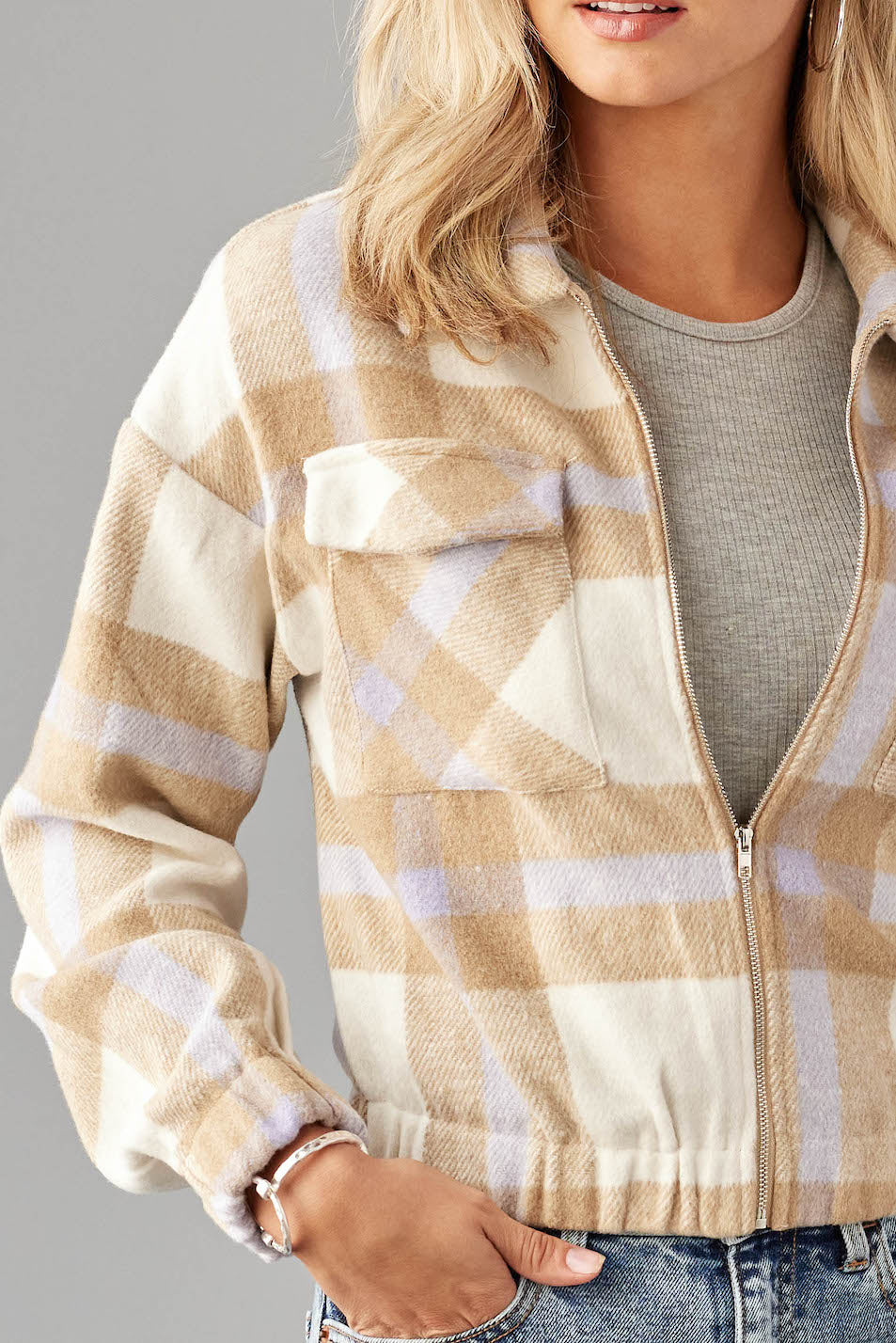 Camel and Lavender Plaid Cropped Zip Up Jacket