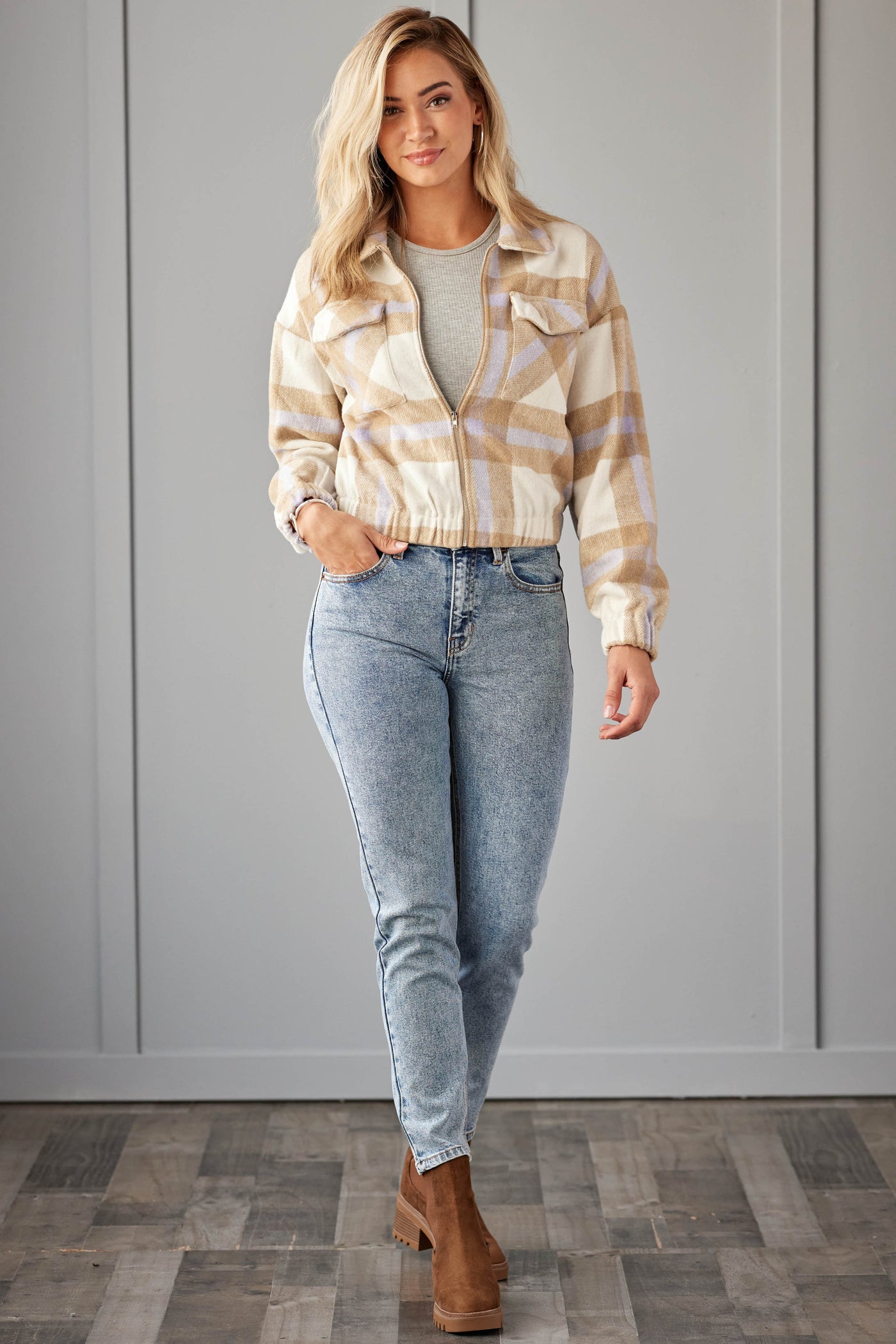 Camel and Lavender Plaid Cropped Zip Up Jacket