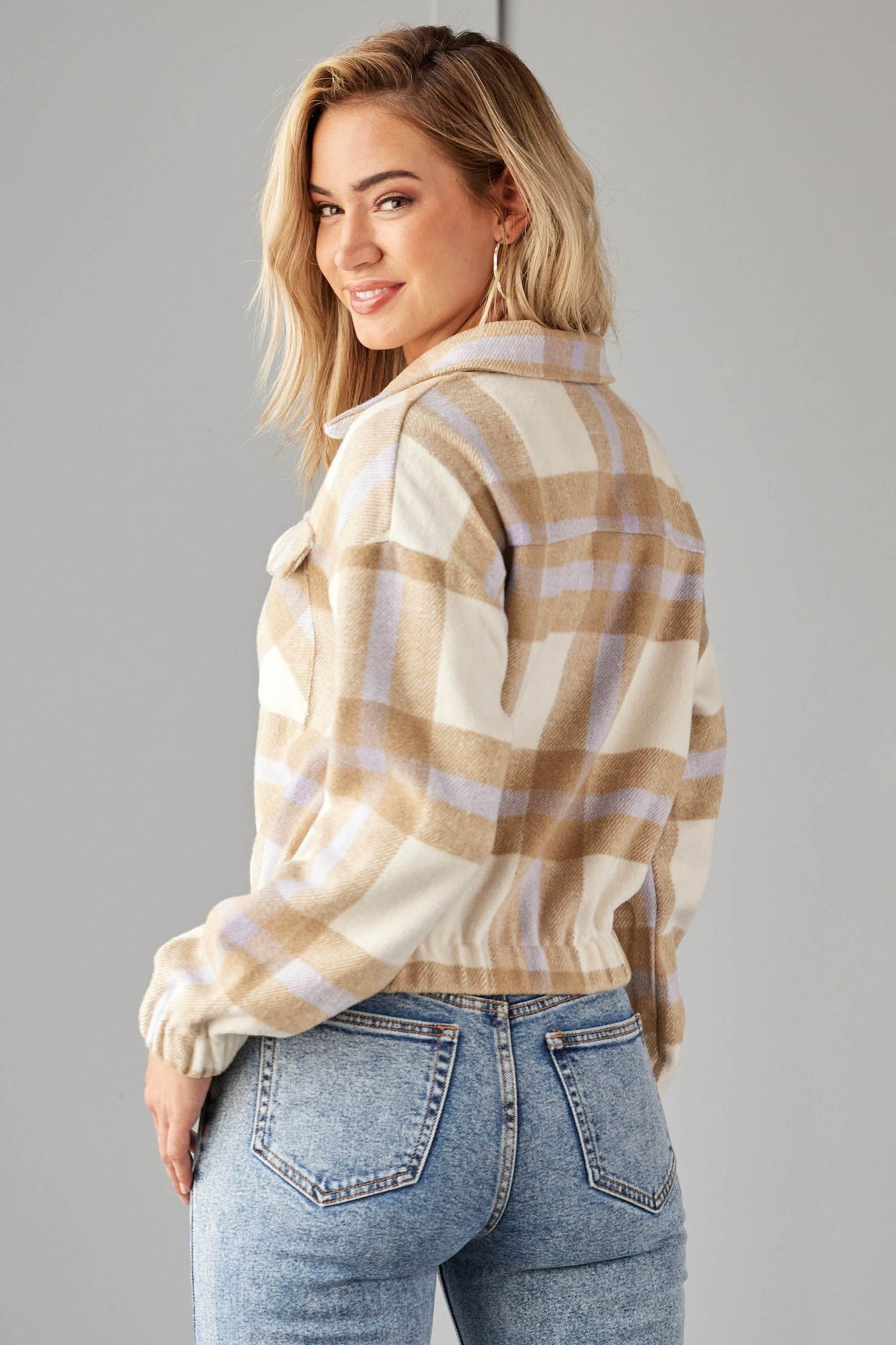 Camel and Lavender Plaid Cropped Zip Up Jacket