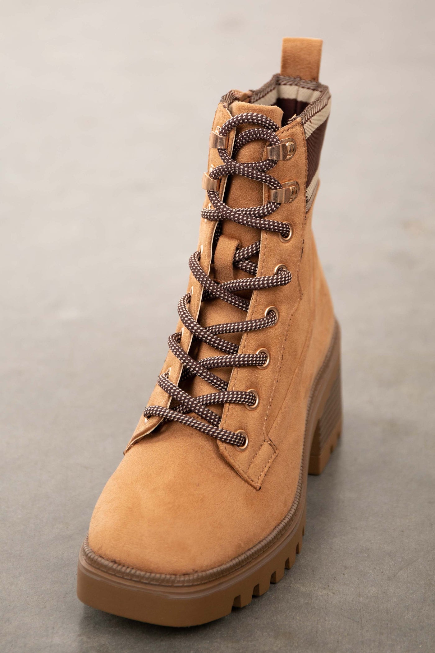 Camel Faux Suede Lace Up Lug Sole Booties