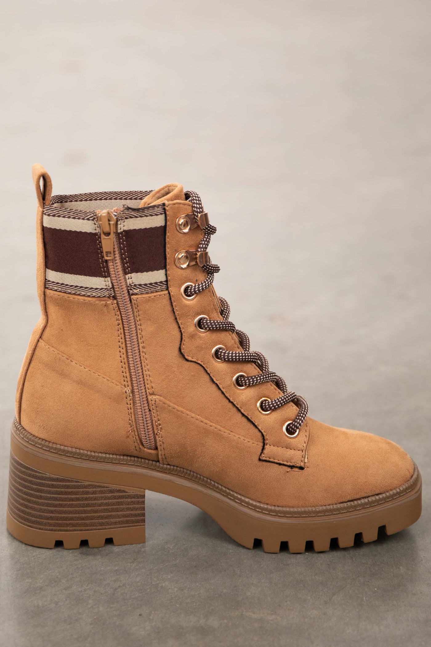 Camel Faux Suede Lace Up Lug Sole Booties