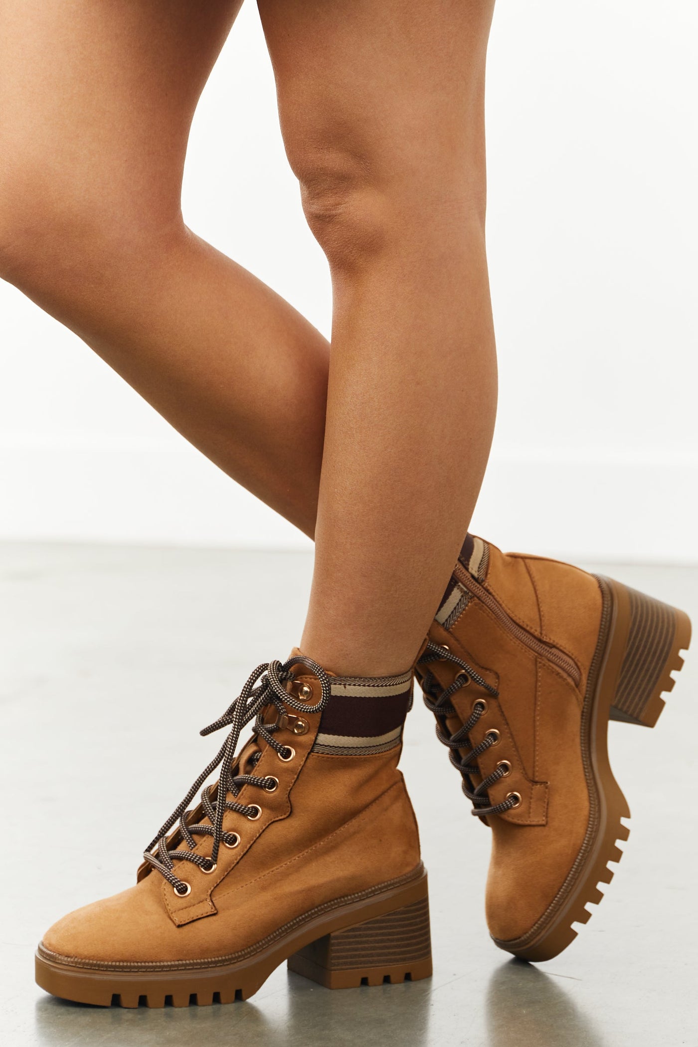 Camel Faux Suede Lace Up Lug Sole Booties