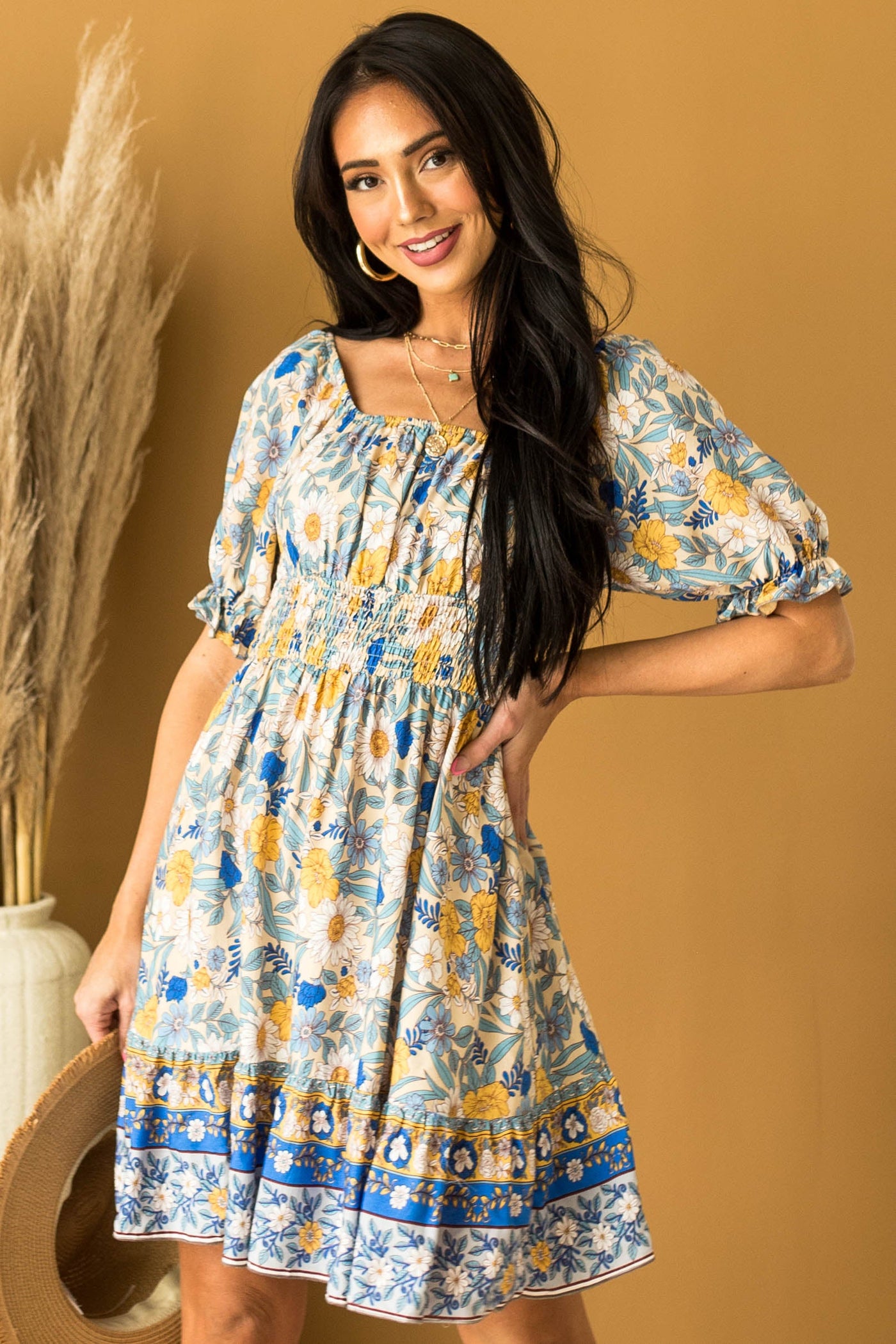 Camel Floral Print Puff Sleeve Babydoll Mini Dress