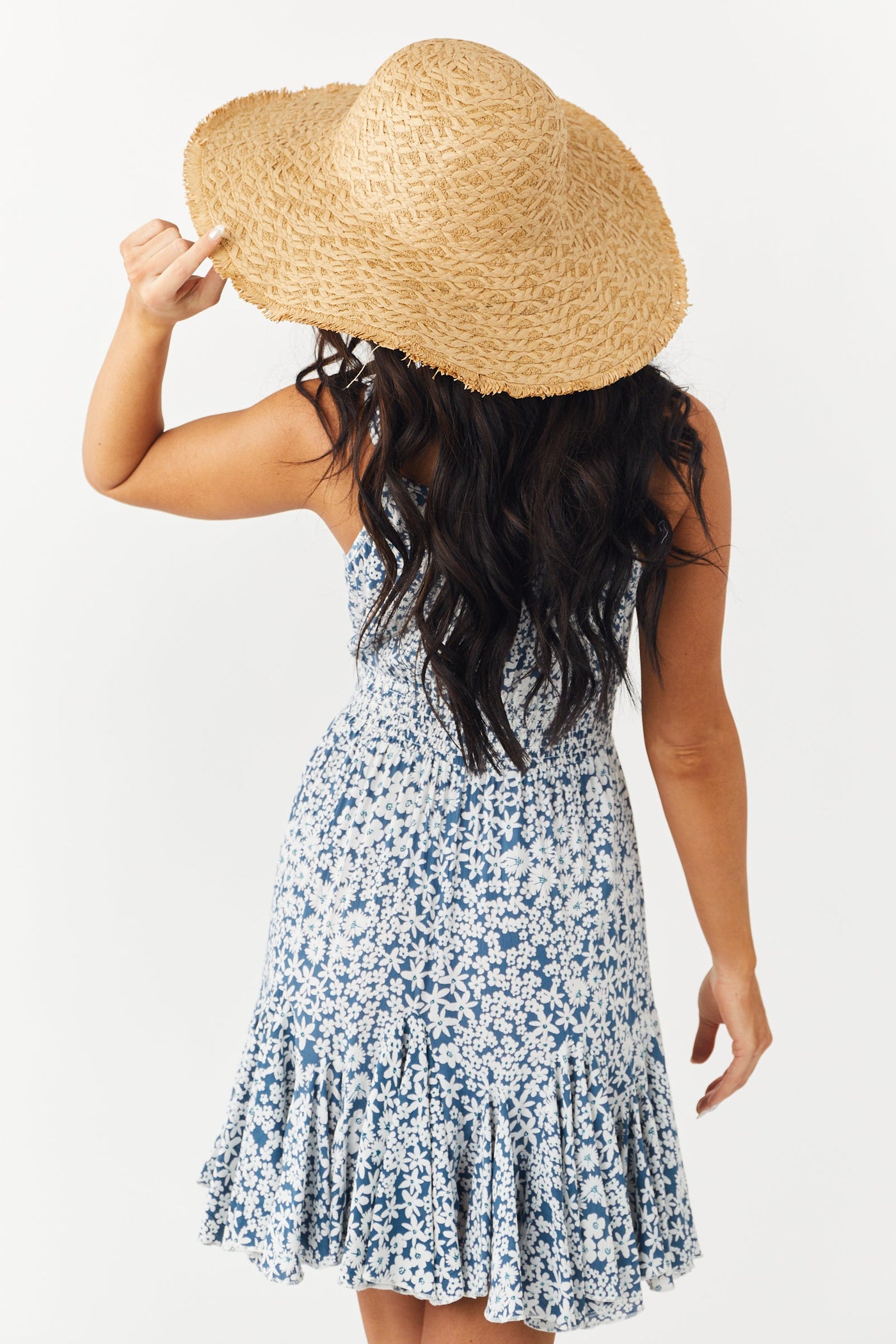 Camel Frayed Edge Floppy Straw Sun Hat