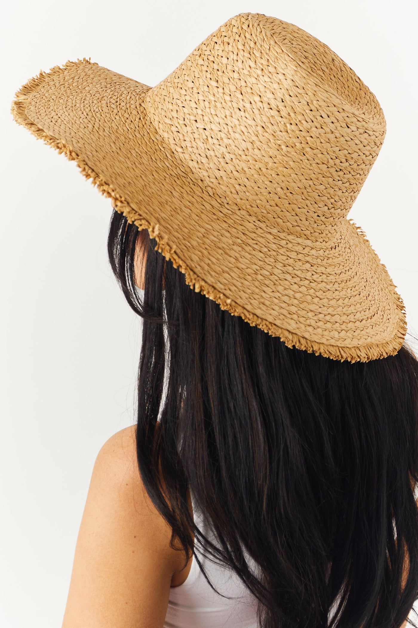 Camel Frayed Trim Wide Brim Woven Straw Hat