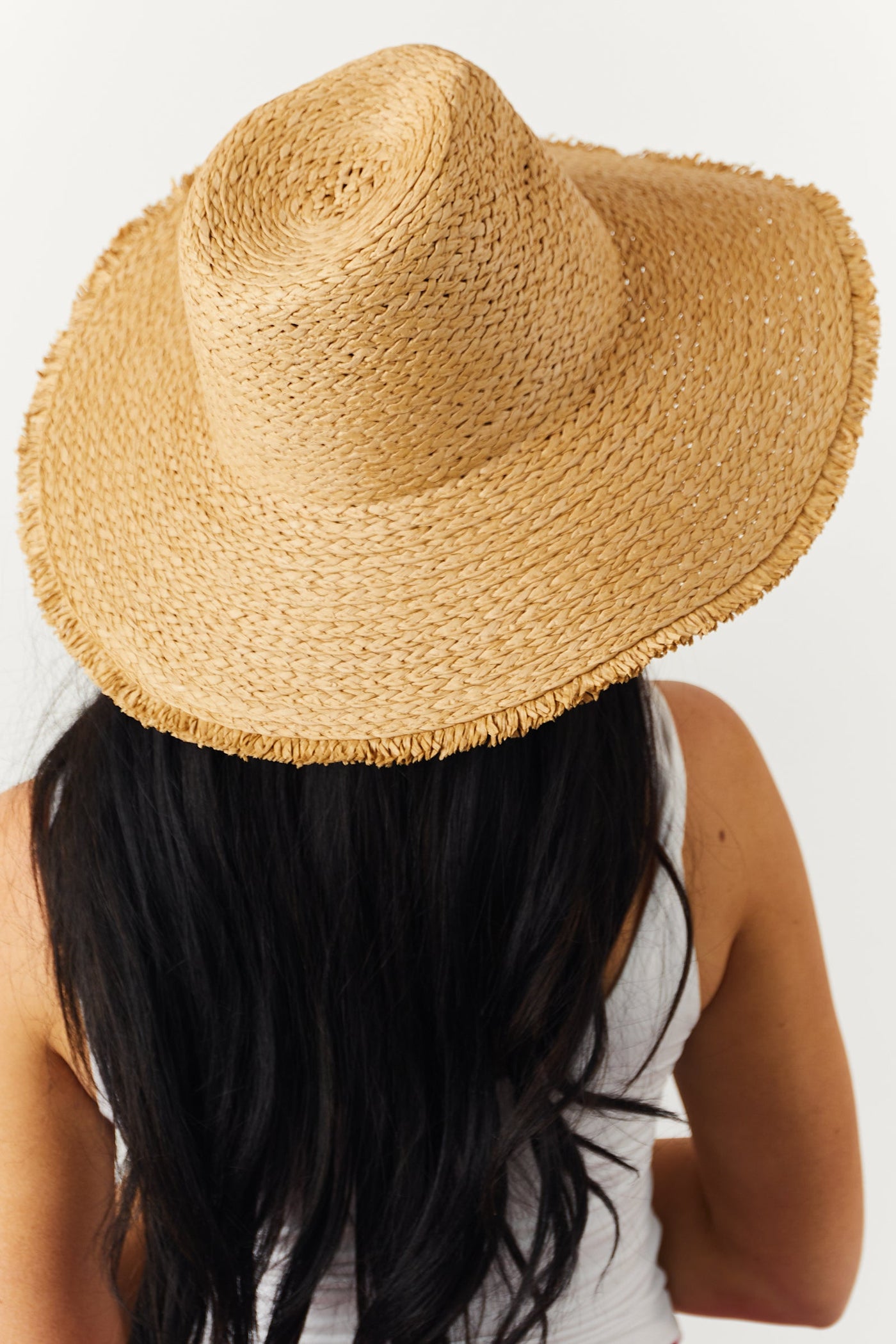 Camel Frayed Trim Wide Brim Woven Straw Hat