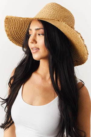 Camel Frayed Trim Wide Brim Woven Straw Hat