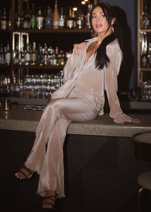 Camel Pleated Elastic Waistline Woven Pants