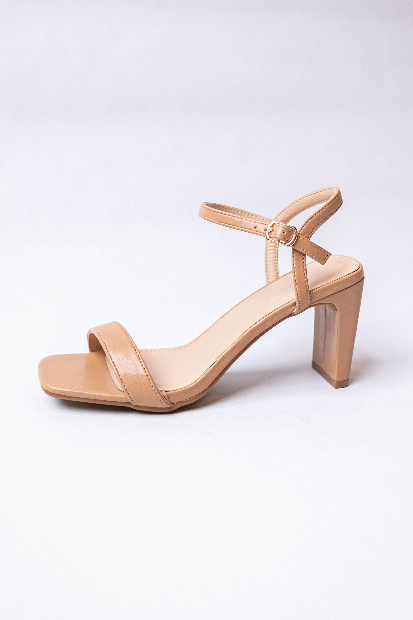Camel Pleather Square Toe Ankle Strap Heels