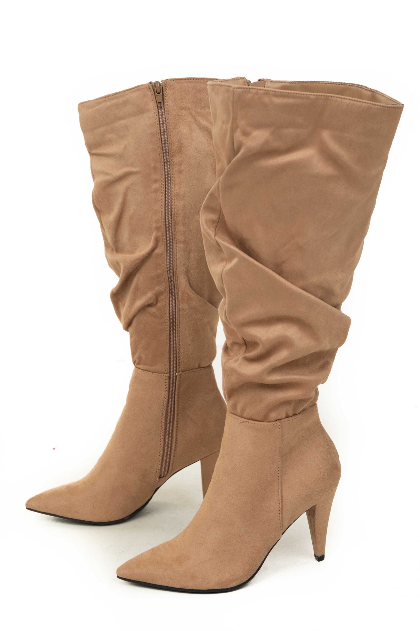 Camel Slouchy Side Zip Up Pointed Heel Boots
