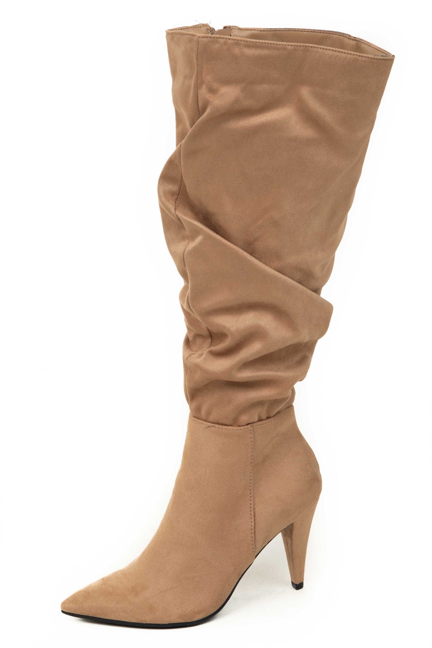 Camel Slouchy Side Zip Up Pointed Heel Boots