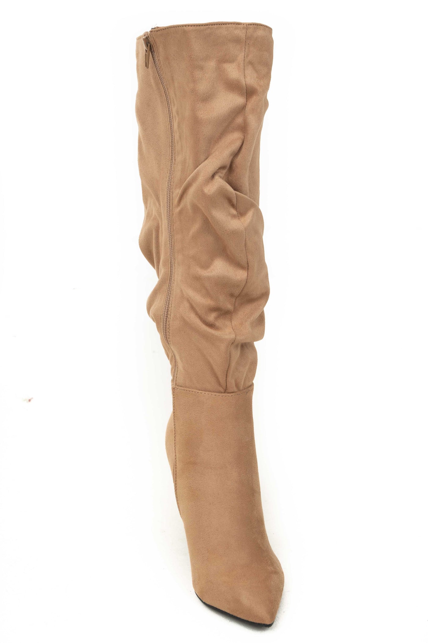 Camel Slouchy Side Zip Up Pointed Heel Boots