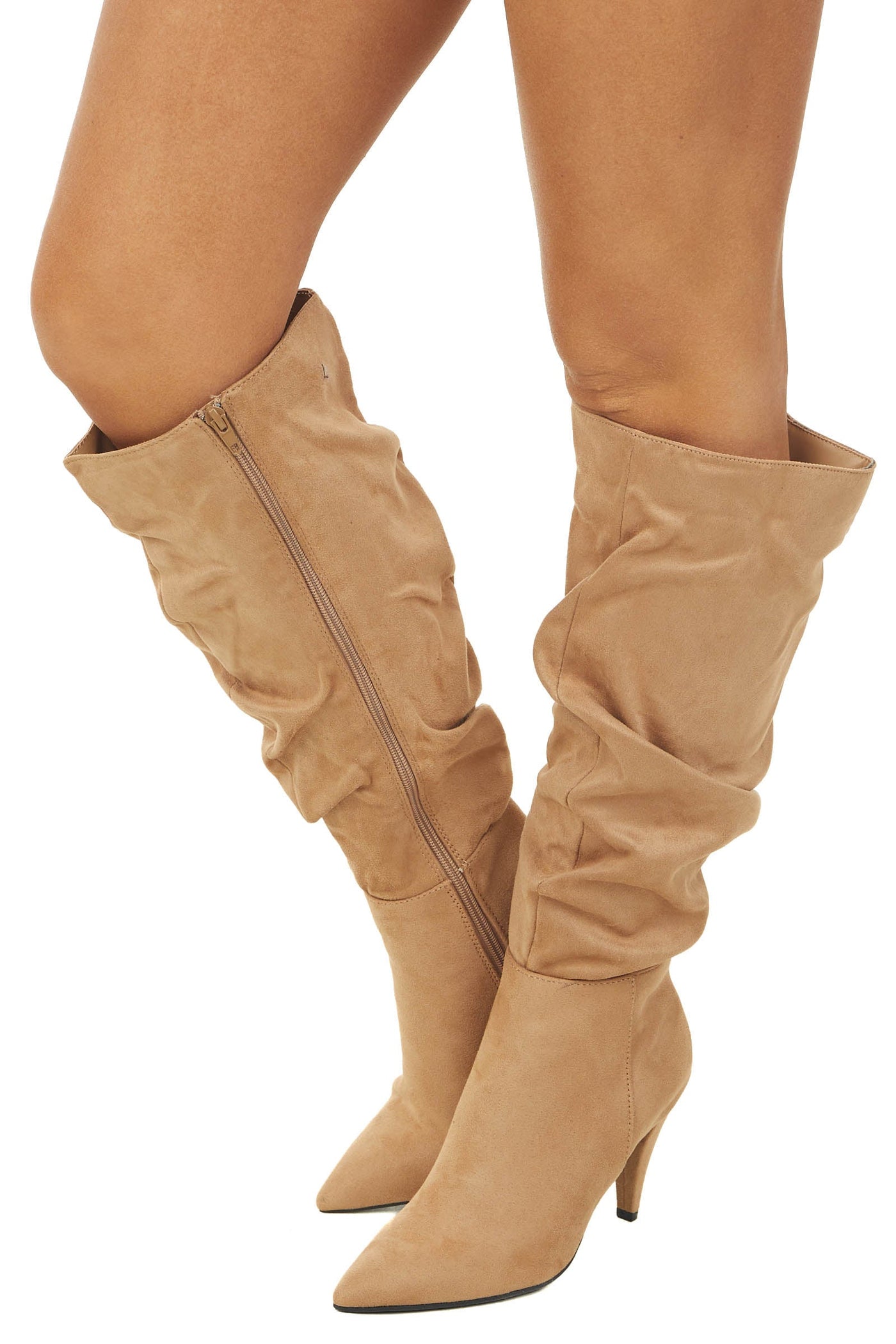 Camel Slouchy Side Zip Up Pointed Heel Boots