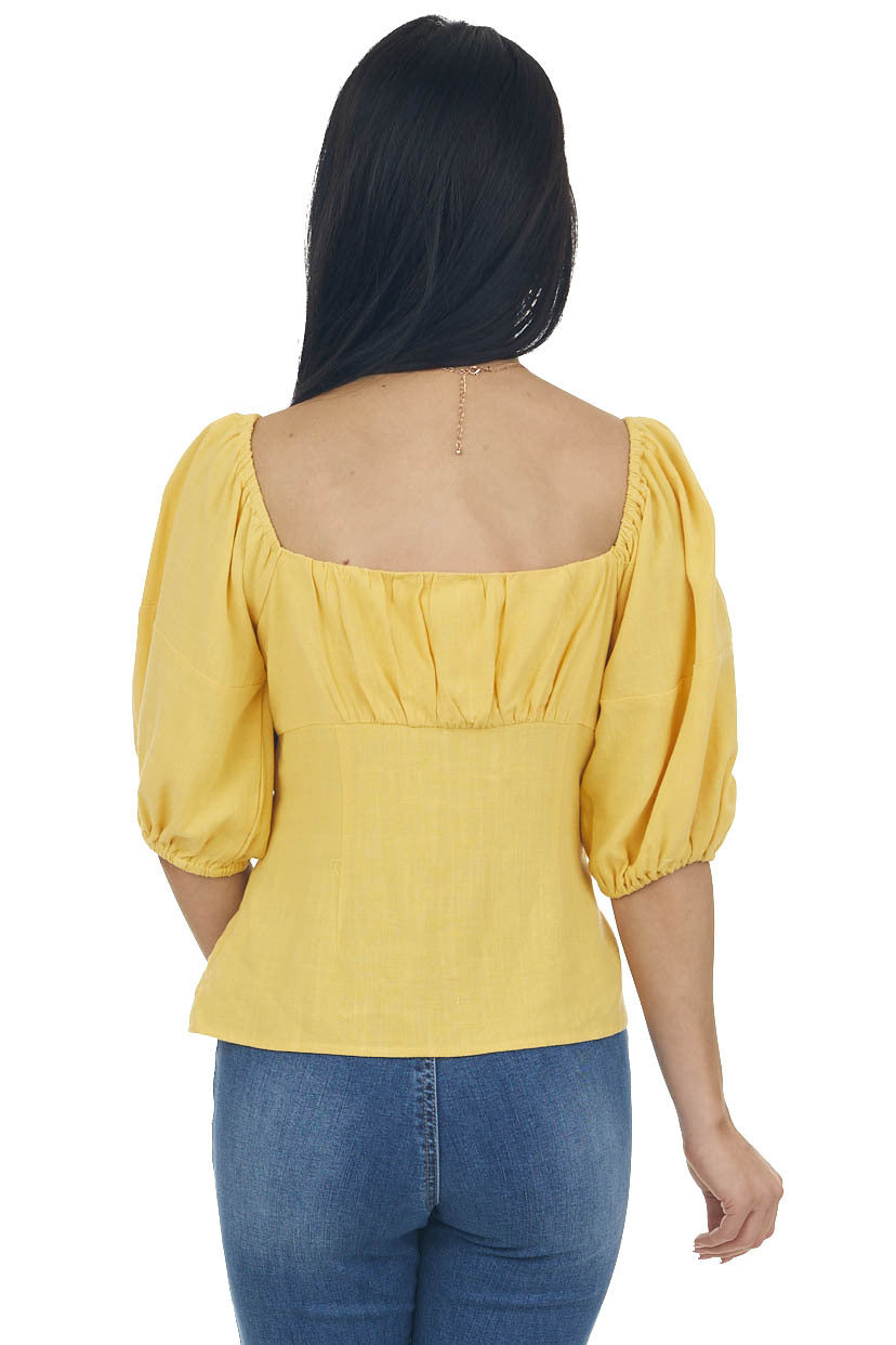 Canary Yellow Button Down Puff Sleeve Blouse