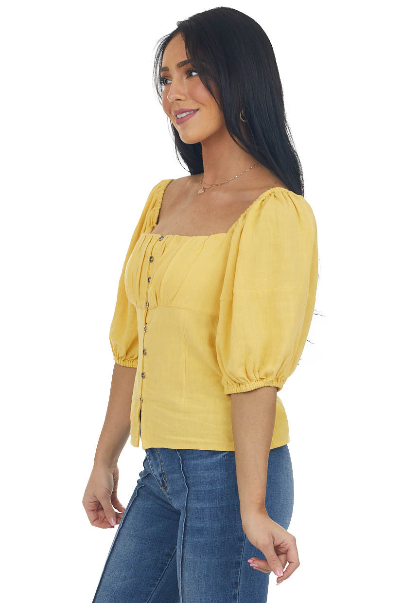 Canary Yellow Button Down Puff Sleeve Blouse