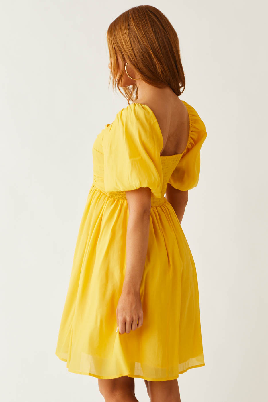 Canary Yellow Puff Sleeve Pleated Short Dress