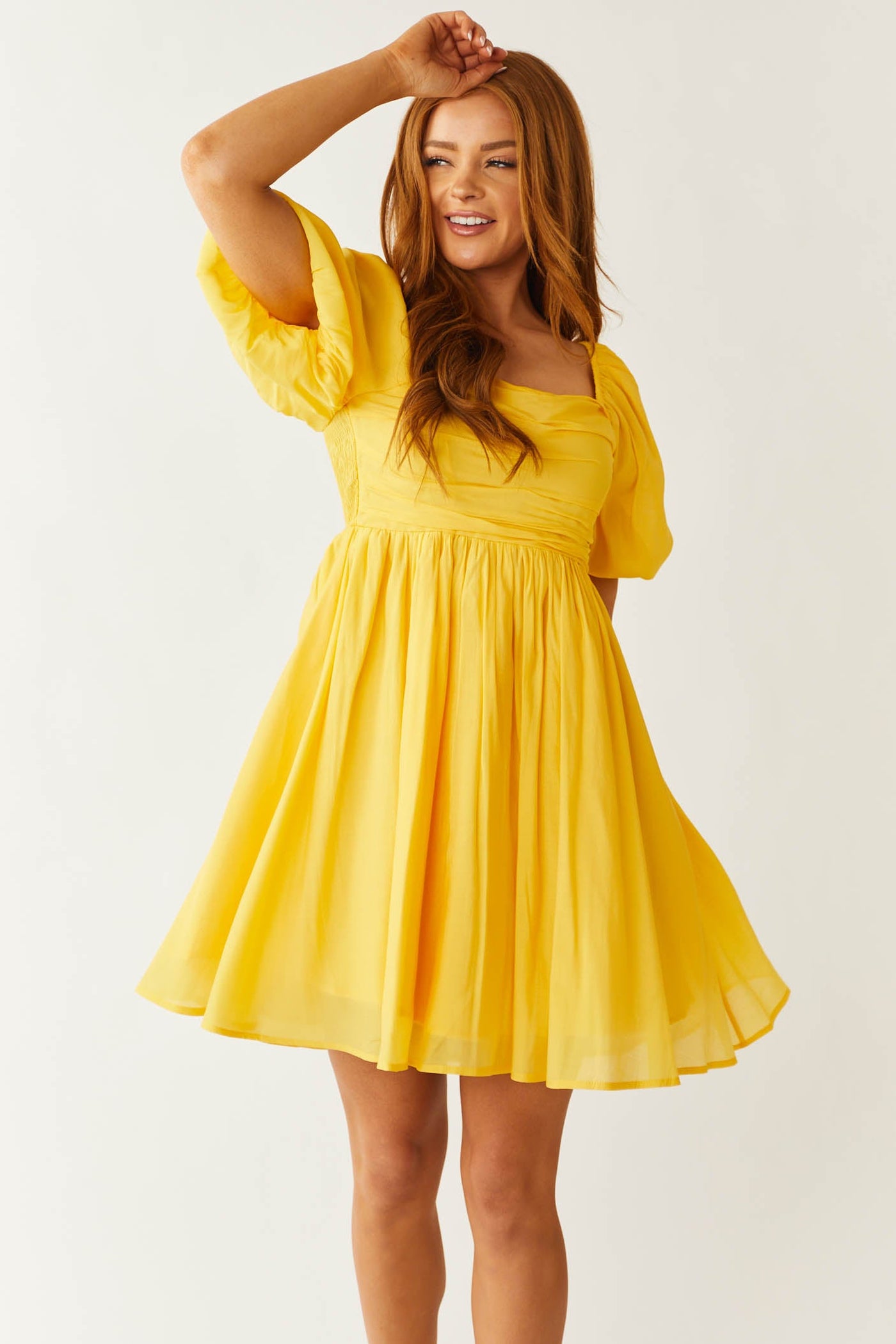 Canary Yellow Puff Sleeve Pleated Short Dress