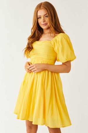 Canary Yellow Puff Sleeve Pleated Short Dress