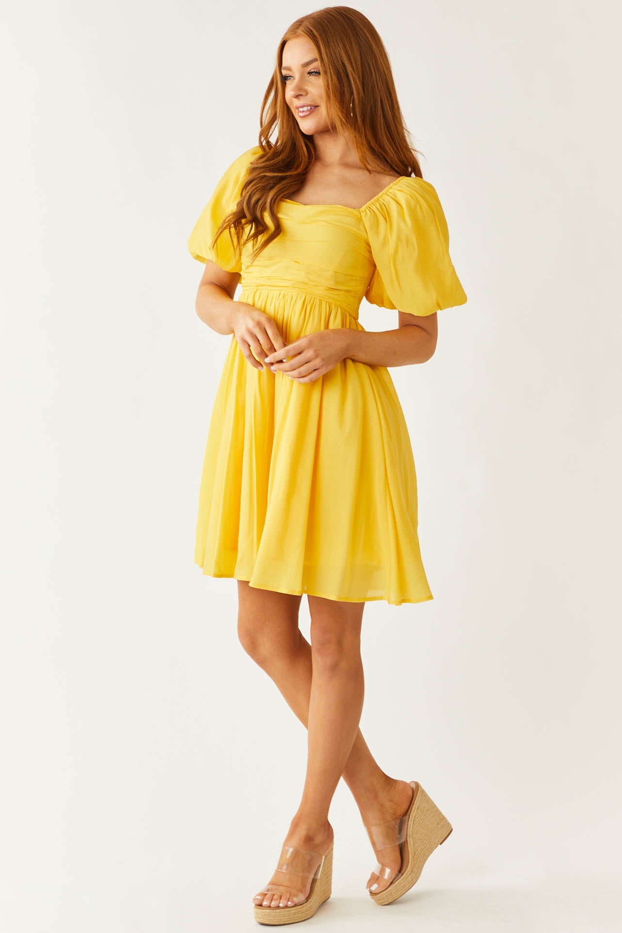 Canary Yellow Puff Sleeve Pleated Short Dress
