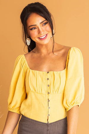 Canary Yellow Button Down Puff Sleeve Blouse