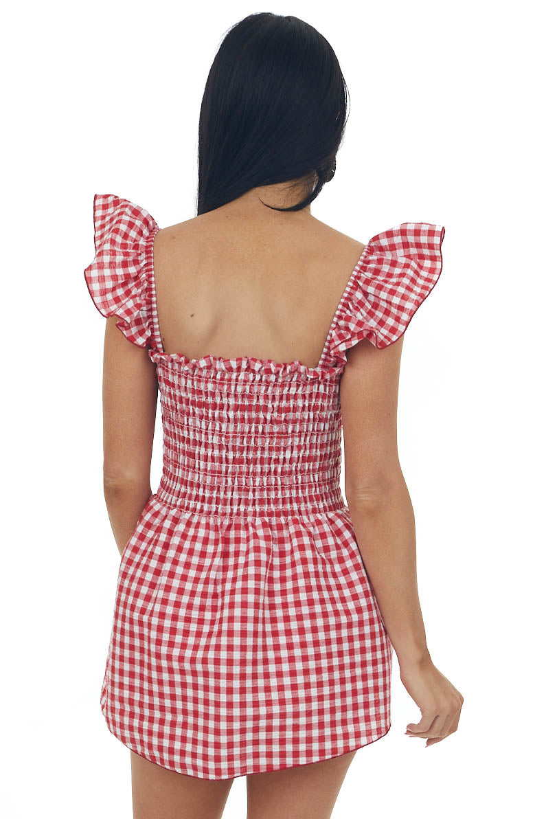 Candy Apple Red Gingham Sleeveless Smocked Blouse