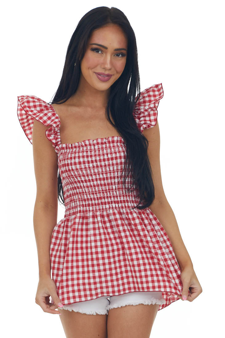 Candy Apple Red Gingham Sleeveless Smocked Blouse