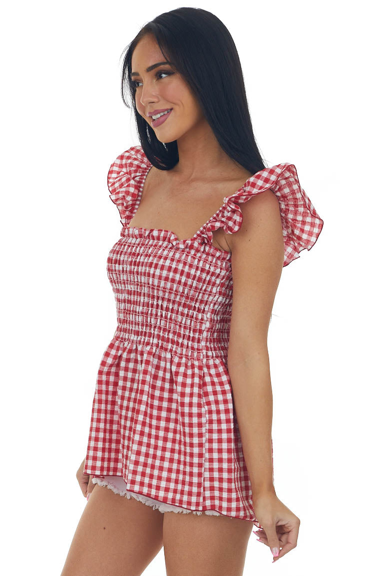 Candy Apple Red Gingham Sleeveless Smocked Blouse