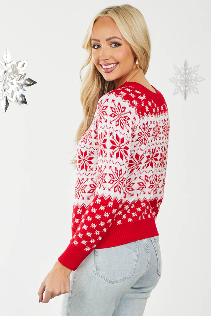 Candy Apple Snowflake Print Lightweight Sweater