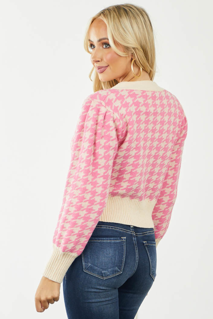 Candy Pink and Cream Houndstooth Knit Cardigan