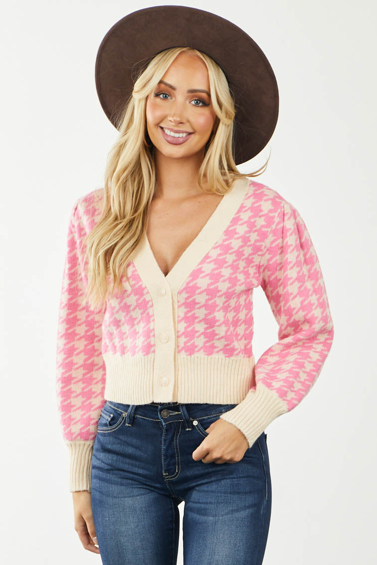 Candy Pink and Cream Houndstooth Knit Cardigan