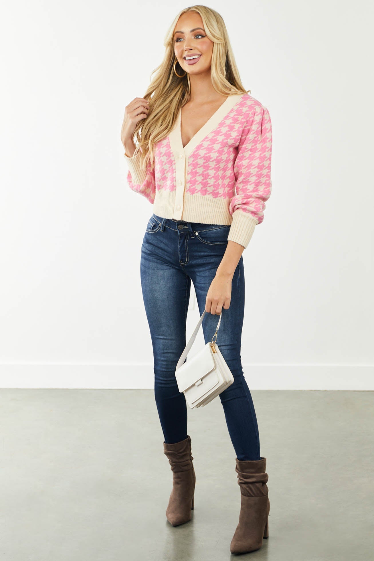 Candy Pink and Cream Houndstooth Knit Cardigan