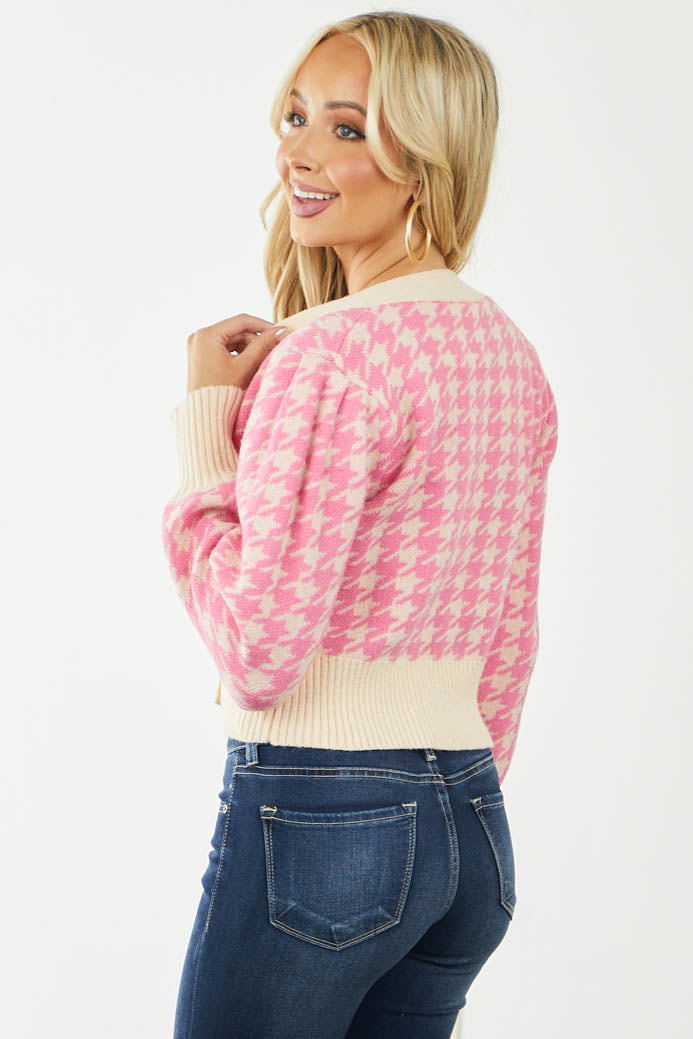 Candy Pink and Cream Houndstooth Knit Cardigan