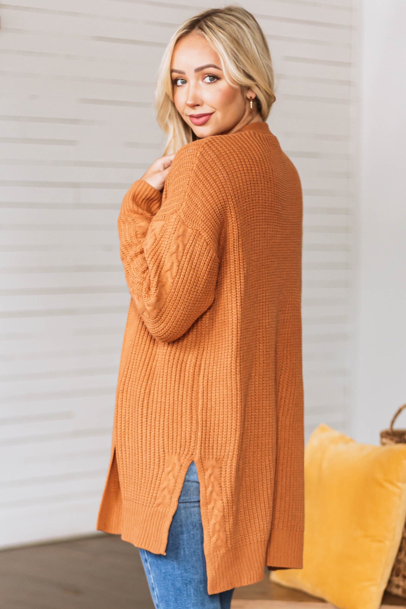 Caramel Cable Knit Trim Side Slit Cardigan