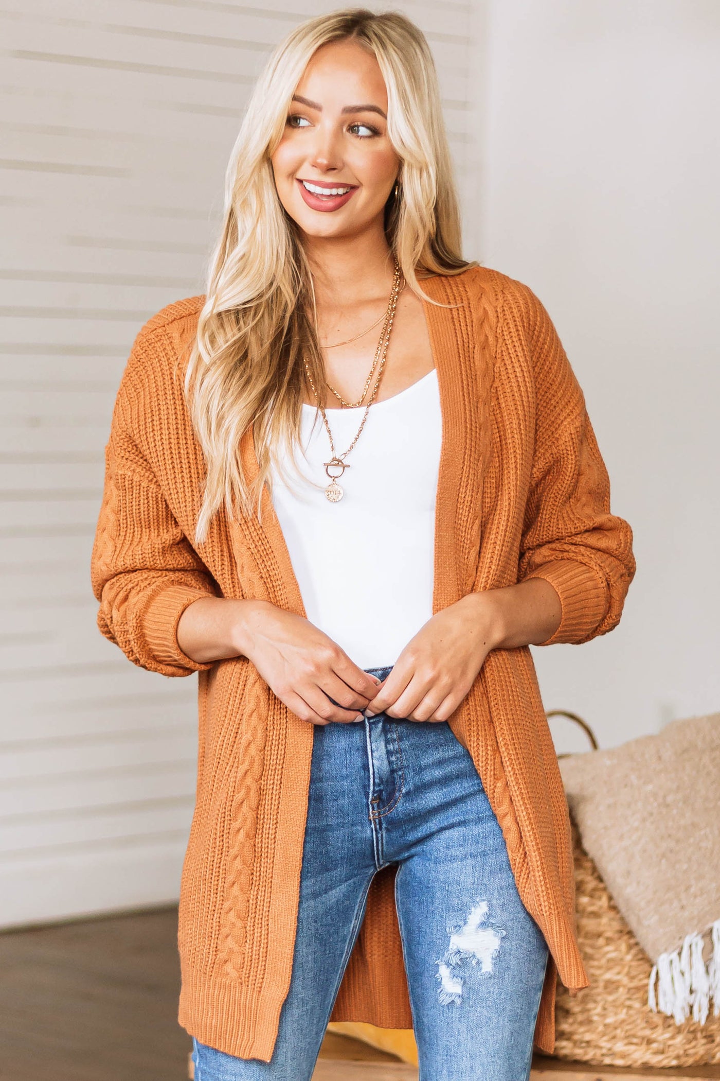Caramel Cable Knit Trim Side Slit Cardigan