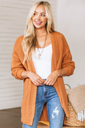 Caramel Cable Knit Trim Side Slit Cardigan