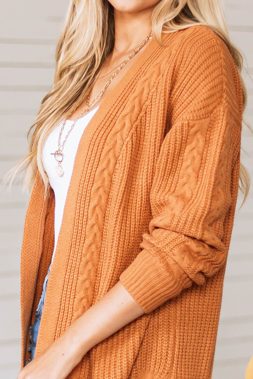 Caramel Cable Knit Trim Side Slit Cardigan