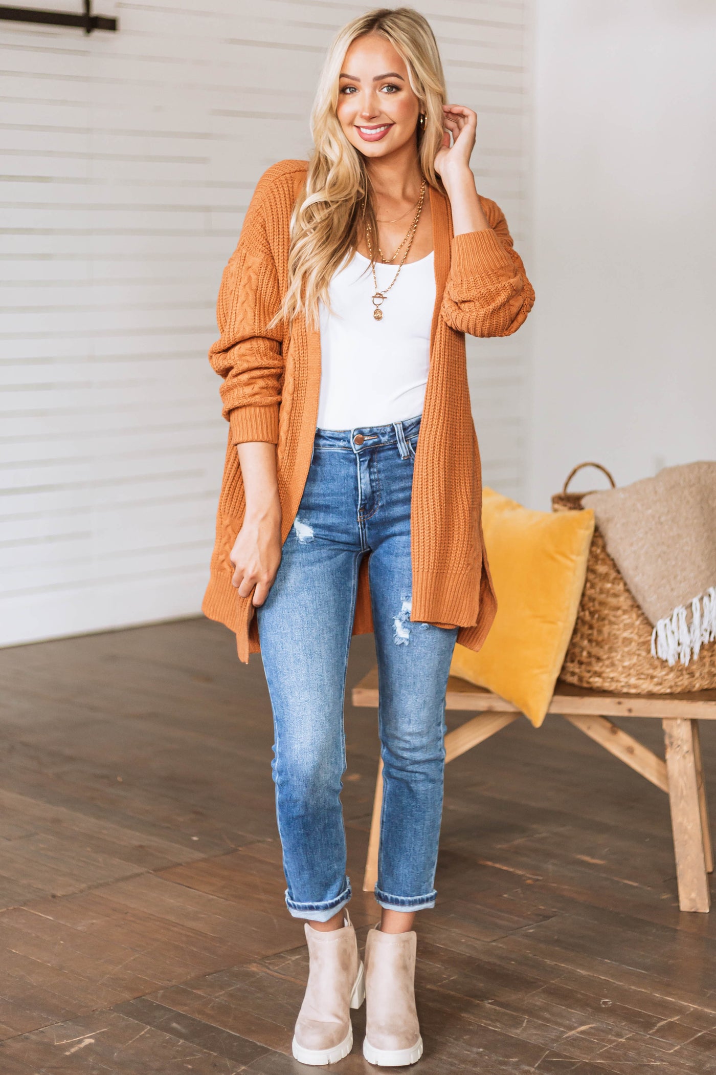 Caramel Cable Knit Trim Side Slit Cardigan